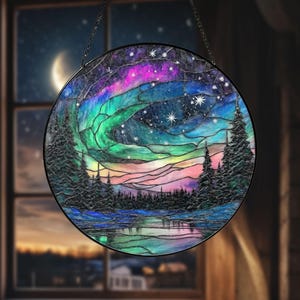 Stained Glass Aurora Borealis Suncatcher – Handmade Northern Lights Window Decor, Nature and Sky Lovers, Perfect Mystical Home Decoration.