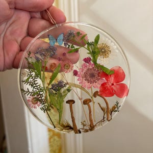Resin pressed flowers paper butterfly suncatcher window hanging pink red purple blue wildflowers mushrooms in resin 4in round circle whimsy