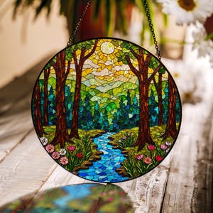 Forest Stained Glass Suncatcher Nature Window Hanging Gift for Nature Lovers