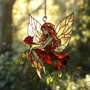 Rose Fairy Acrylic Suncatcher – Faux Stained Glass Window Hanging – Whimsical Garden Decor & Gift for Flower Lovers