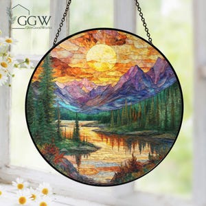 Rustic Mountain Sunset Stained Glass Suncatcher | Scenic Nature Landscape Window Hanging Art |  Scenic Sunset Forest River Suncatcher