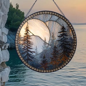 Moonlit Forest Glass Suncatcher, Mountain Pine Tree Window Hanging, Rustic Nature Decor, Cabin Gift for Outdoors Lover, Cabin Ornament
