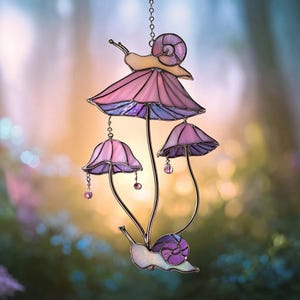 Mushroom Snail Stained Glass Suncatcher: Pink Window Decor