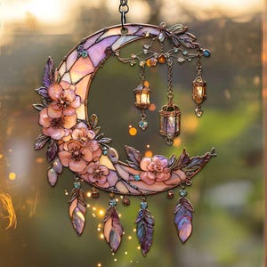 Floral Crescent Moon Acrylic Suncatcher, Stained Glass Inspired Window Hanging with Lanterns, Boho Spiritual Home Decor, Unique Gift for Her
