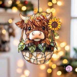 Highland Cow with Sunflower Acrylic Suncatcher, Whimsical Window Decor