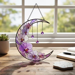 Crescent Moon Orchid Flowers Acrylic Window Hanging, Beautiful Purple Faux Stained Glass Suncatcher, Nature-Inspired Home Decor Gift