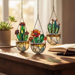 Desert Cactus Resin Suncatcher Set, Faux Stained Glass Window Hanging Art, Acrylic Succulent Home Decor, Unique Plant Lover Gift