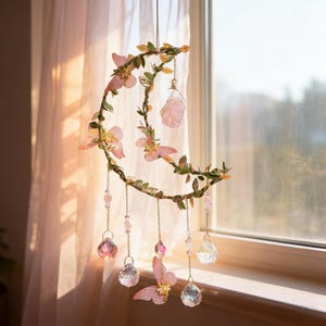Handcrafted Crystal Moon Suncatcher – Pink Flower & Butterfly Window Décor