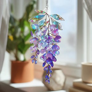 Wisteria Branch Acrylic Holographic Suncatcher, Floral Window Decor for Spring, Garden Flower Gift, Flower Home decor